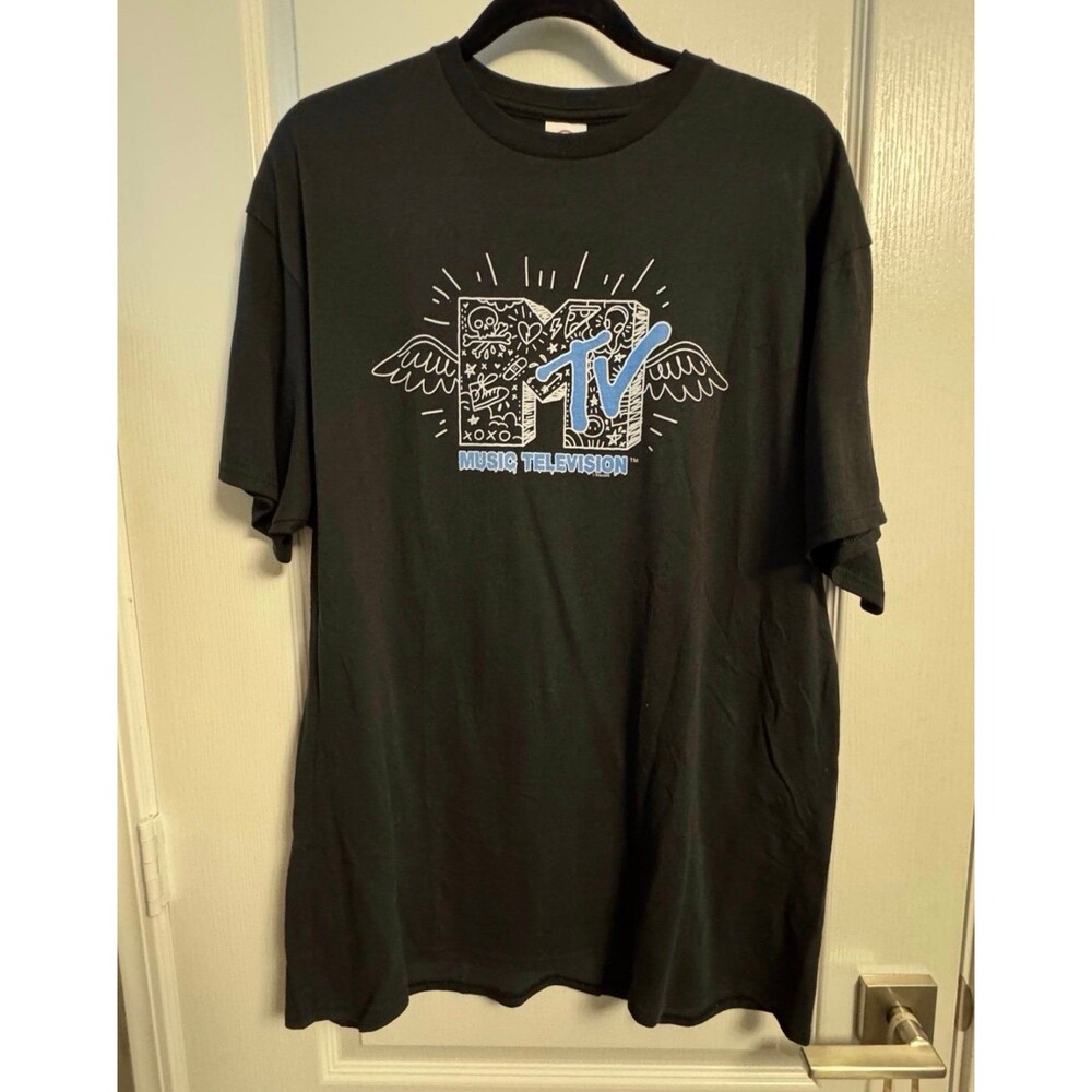NEW MTV Scribble Art Black & Blue Wings Skull Shirt Tee T-Shirt Classic Top XL